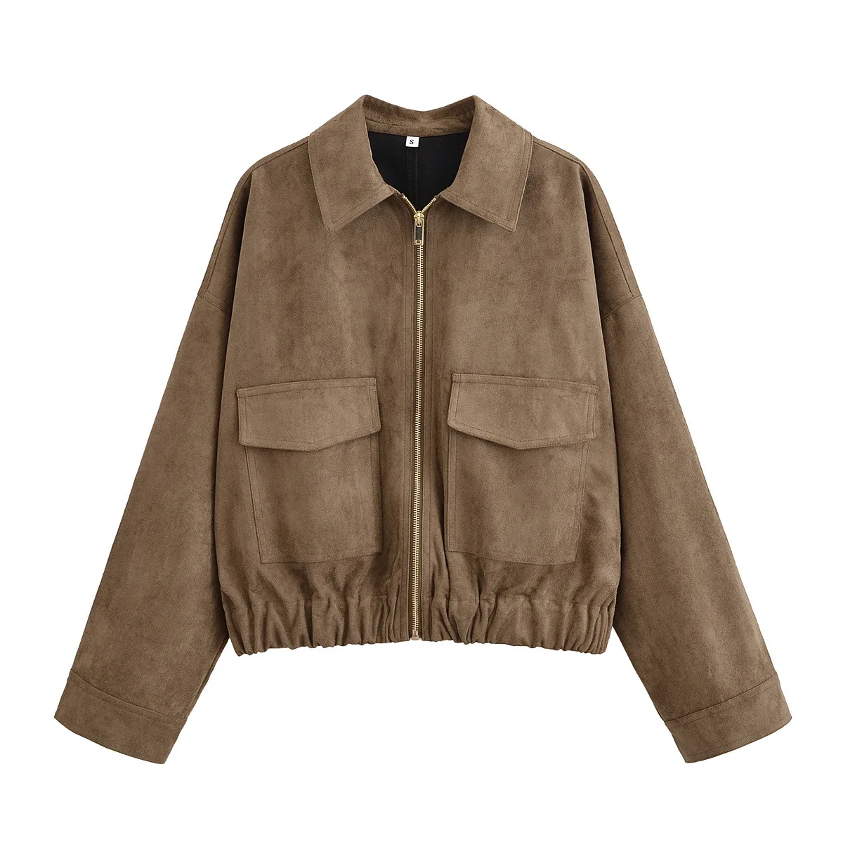 

KIDCRKJ Women Spring Suede Jacket Camel Lapel Collar Zipper Fly Elastic Hem Bomber Coat For Lady Minimalist Cool Female Jacket