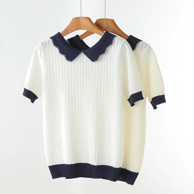 

Summer New Women's Short Sleeve 100% Cotton Collar Knitted T-shirt Ice Silk Cotton Cool Women's Short Sleeve Top