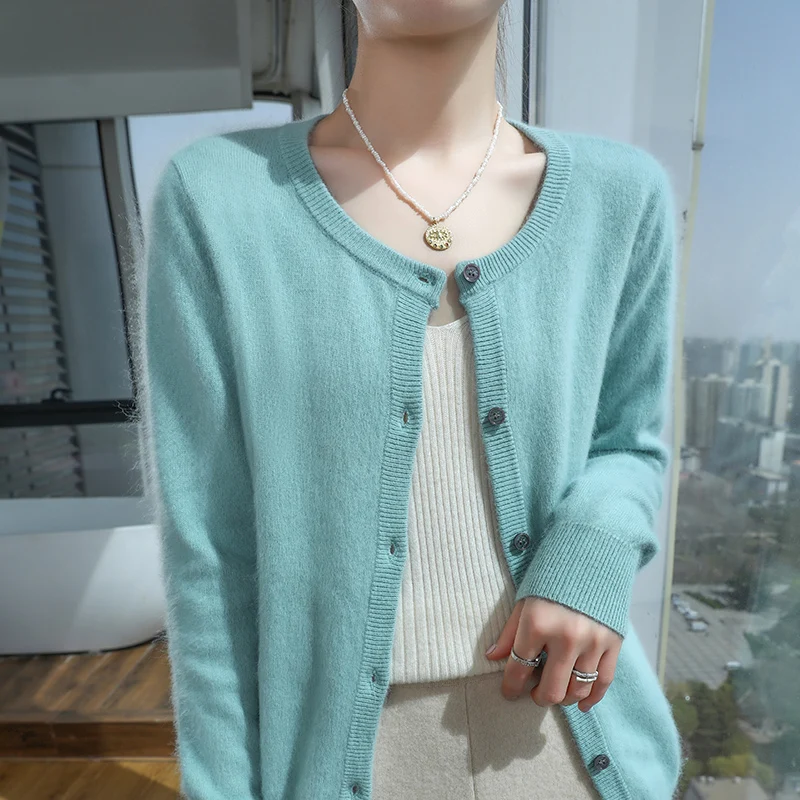 

Women's Cardigan 100% Mink Cashmere Sweater,O-Neck Long Sleeve Top,Plus-Size Loose,Spring and Autumn Soft Knitted Jacket Female