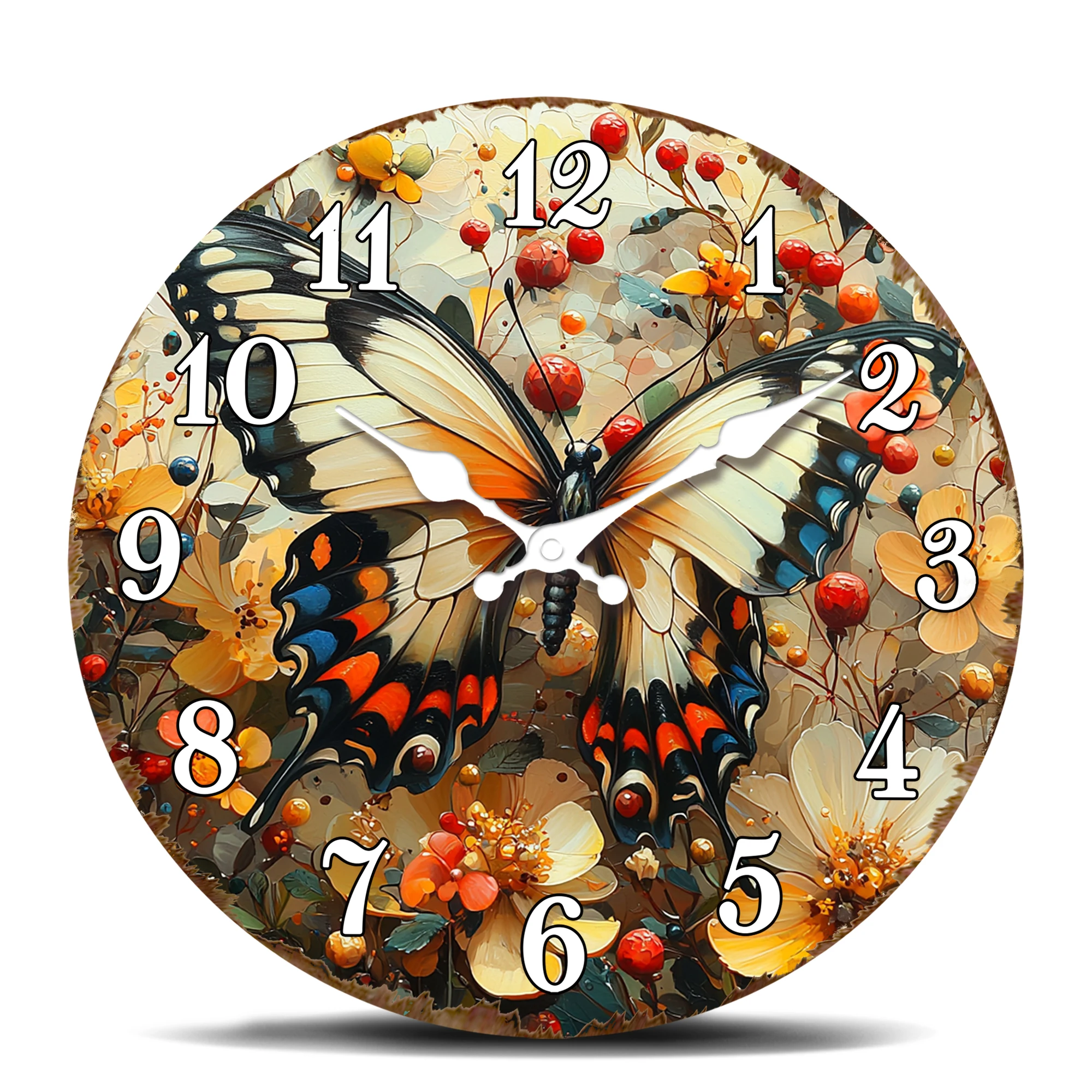 Lebendige Schmetterlings- und Blumen-Wanduhr, wunderschöne runde Uhr mit Insektenmotiv, geräuschlose, nicht tickende dekorative Wanduhr für Zuhause