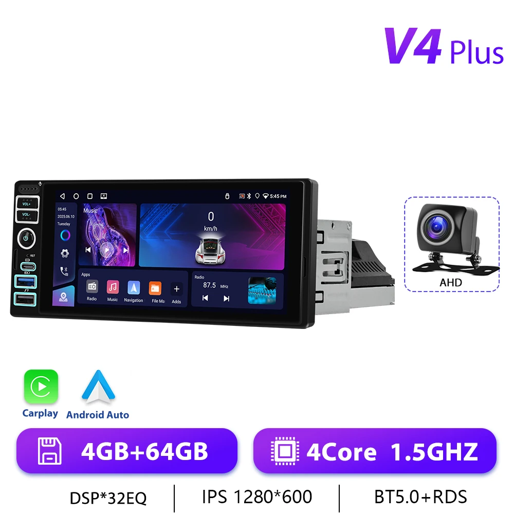 Podofo 1din Draadloze CarPlay Android Auto Radio 6.9 "Universeel 1DIN Auto Intelligent Systeem GPS Stereo Dashboard Head Unit RDS