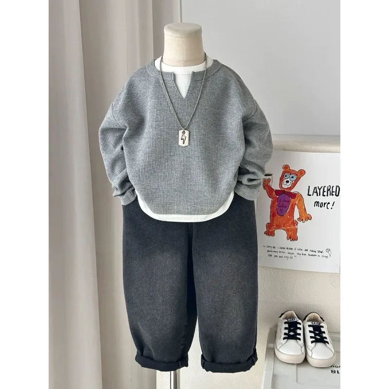 Kinder Jungen Sweatshirt RAISE YOUNG Herbst 2026 Kleinkind Jungen Pullover Casual 1-10 Jahre Kinder Jungen Waffel-Optik Zweiteilige Oberteile – Detail 13