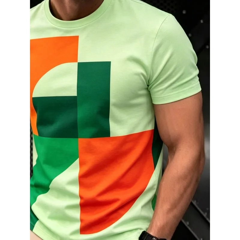 Men's Mint Green Geometric Patchwork Contrast Block T Shirt Summer Short Sleeve Loose Fit Breathable Comfortable Casual Leisure