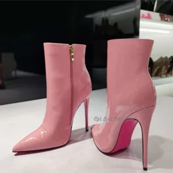 Pink Sole Shiny Leather Ankle Boots Pointed Toe Sexy High Heels Zip White\Brown\Black Booties Luxury Big Size Shoes for Women