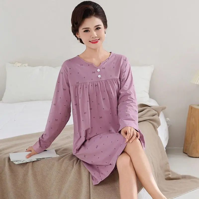 

2026 New Spring Plus Size Long Sleeve 100% Cotton Nightgowns for Women Korean Loose Sleepwear Night Dress Nightdress Home Nighty