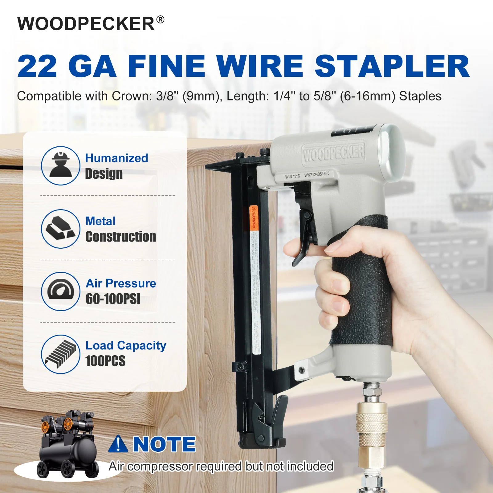 

Woodpecker 7116 nail gun 22 Gauge Pneumatic Upholstery Stapler 71 series staples Fine Wire Stapler for Furniture and Fabric