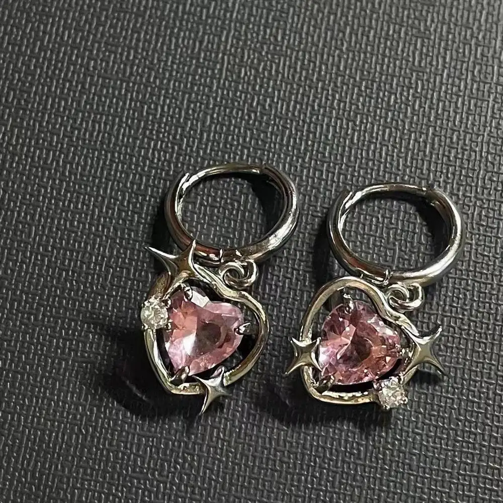 Pink Galaxy Heart Pendant Fashion Gemstone Pendant Design Dangle Earrings With Embedded Zircon Stone Y2K Jewellery Accessories