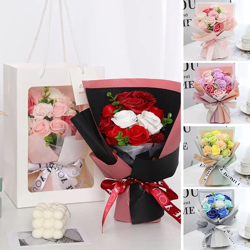 Artificial Soap Flower Preserved Bouquet Pink Rose Realistic for Mothers Day Valentines Day Anniversary Romantic Gift Decoration