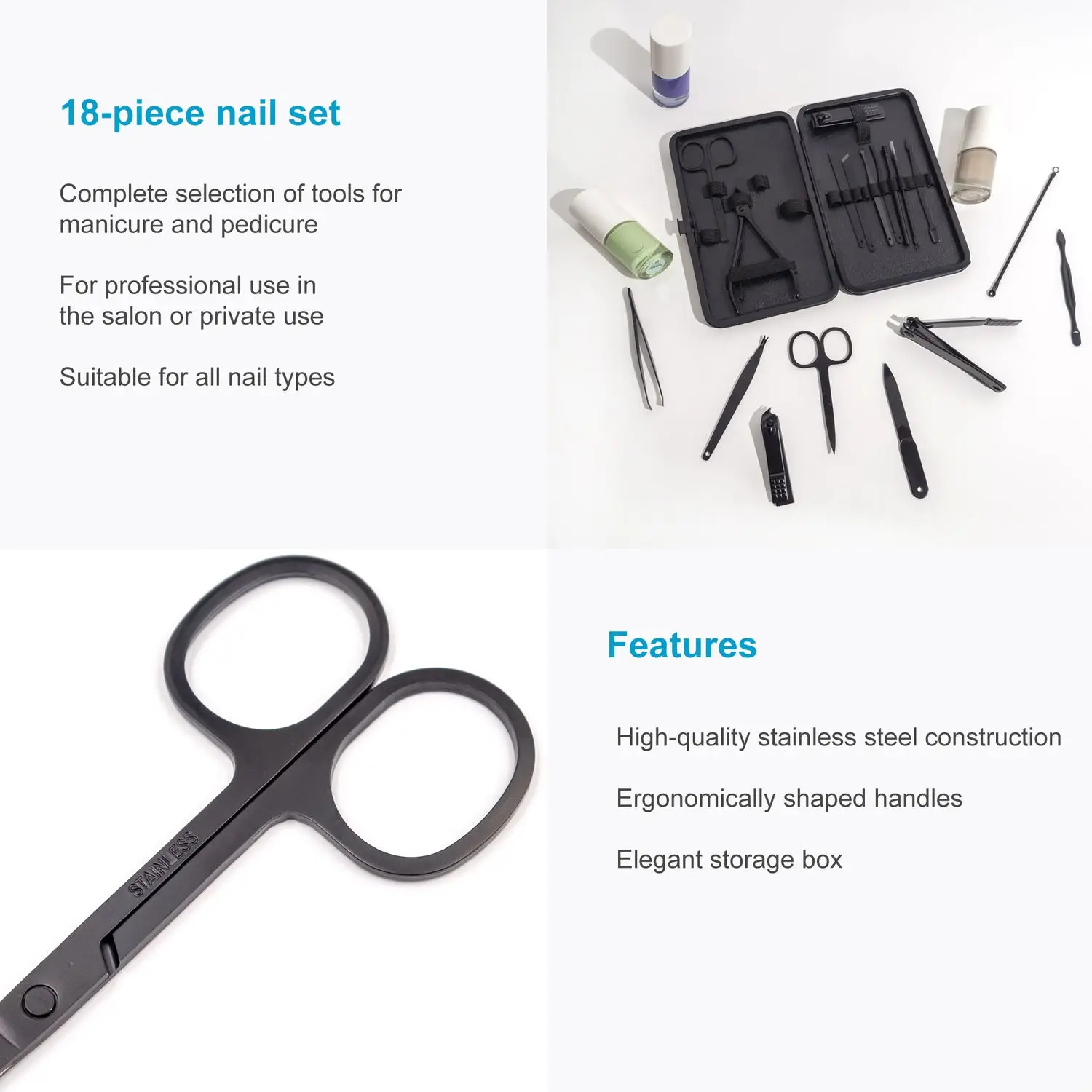 7/10/16/18 قطعة مجموعة أظافر مجموعة تشذيب الأظافر مصنوعة من الفولاذ المقاوم للصدأ باللون الأسود مع حقيبة للتخزين أداة العناية بالأظافر والباديكير كليبرز الأظافر