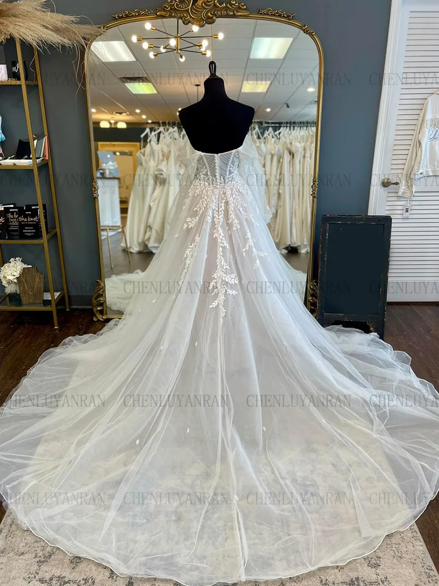 Glitter Bohemia Wedding Dresses Sweetheart Puff Sleeves Tulle Bride Dresses A-Line Applique Dress For Women 2023 Robe De Mariée