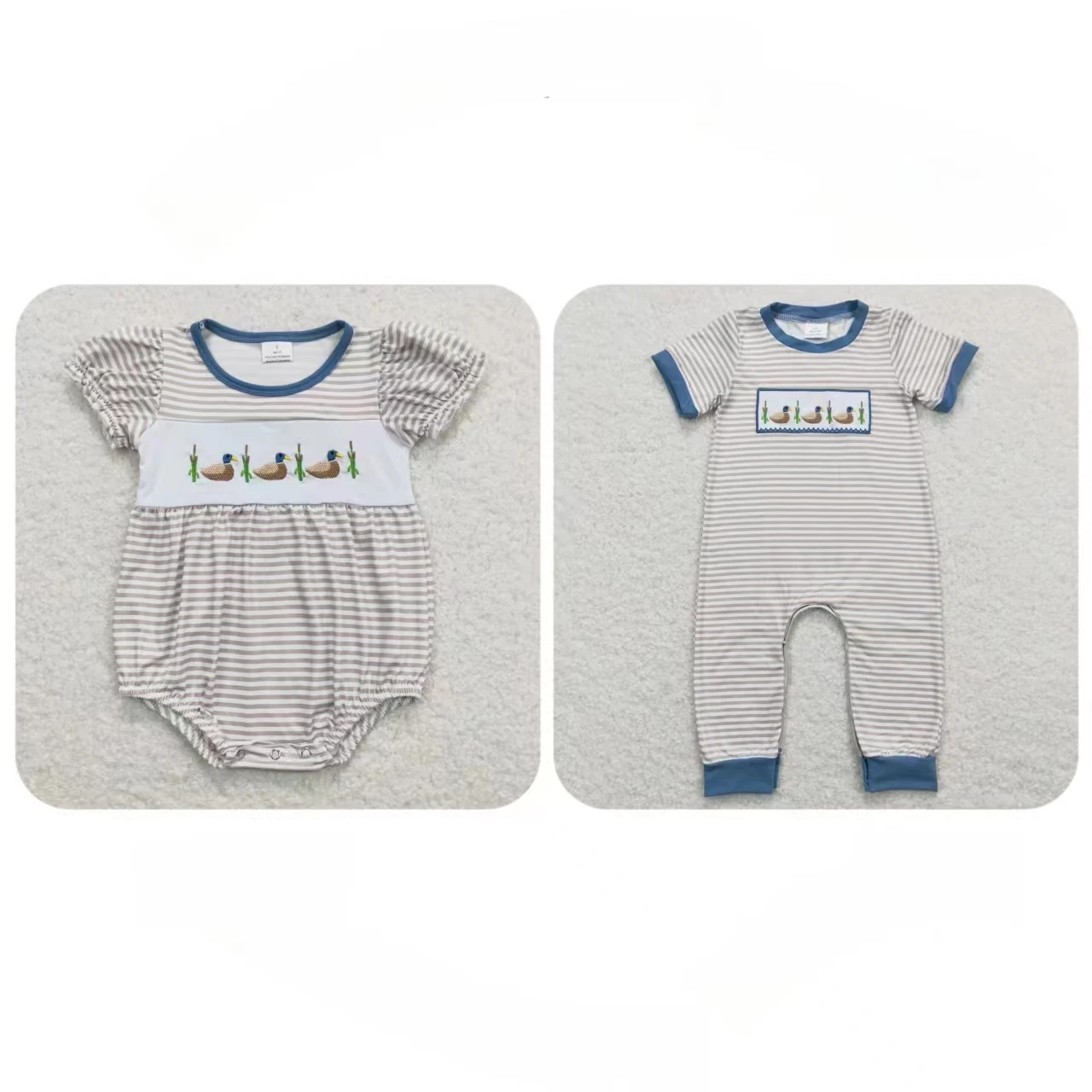 

Wholesale Baby Boy Girl Toddler Embroidery Ducks Stripes Romper Newborn Coverall Bodysuit Kids Short Sleeves Buttons One-piece