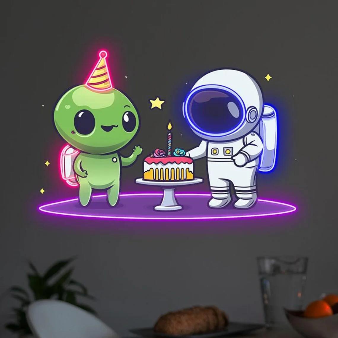 Birthday Neon Sign Cake, Astronaut Neon Sign, Alien Neon Sign, Space Room Wall Decor, Happy Birthday Gift for Kids