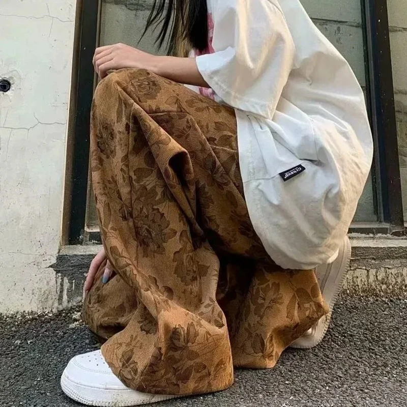 스트리트웨어 코듀로이 여성 바지 빈티지 플로럴 루즈 캐주얼 하이웨이스트 트라우저 가을 힙합 핫티 스트레이트 와이드 레그 팬츠