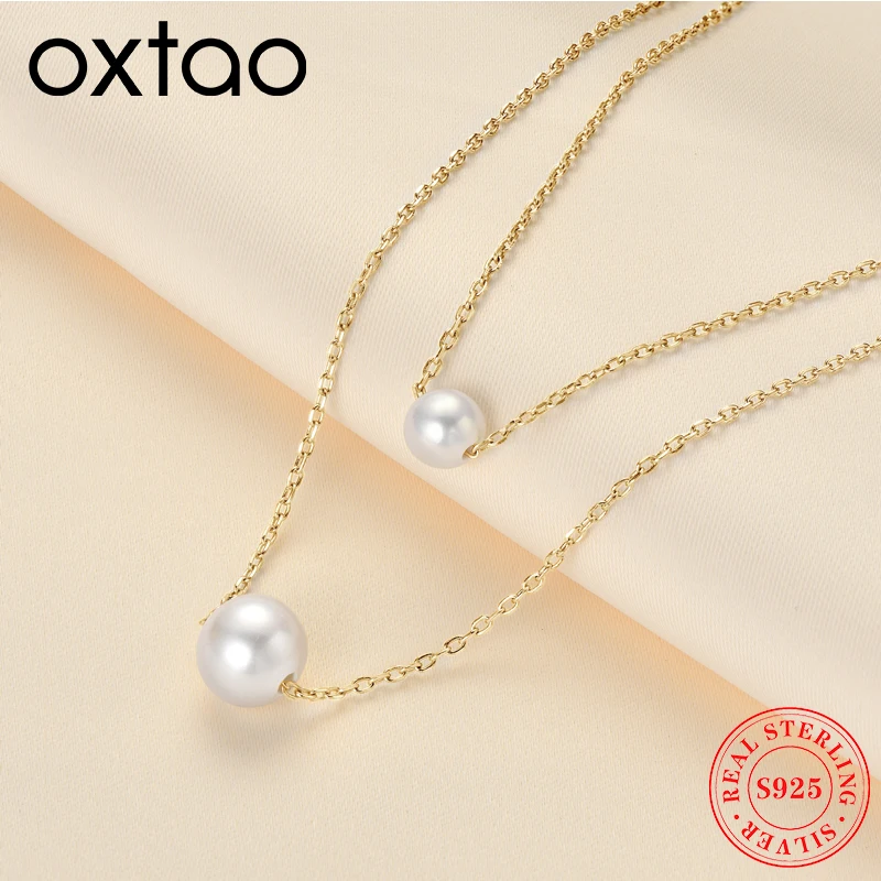 

OXTAO Real Natural Freshwater Pearls Round Shape Pendant Necklace For Women 925 Silver Double Clavicle Chain Fine Jewelry Gifts