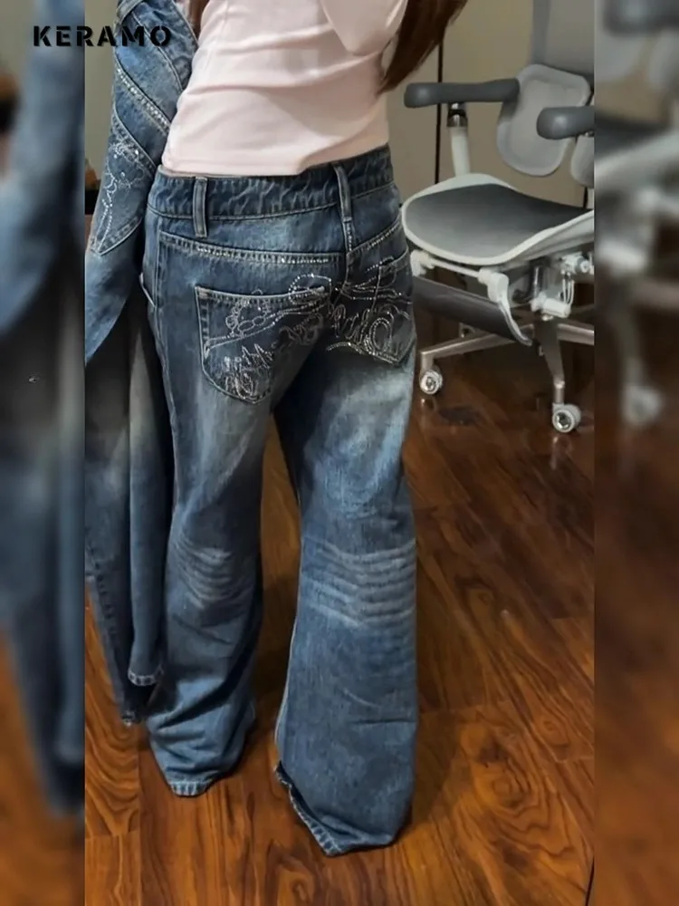 

2025 Winter Vintage Blue Harajuku Jeans Women's Street Casual Full Length DistressedPants Y2K Punk Baggy Mop Denim Trouser