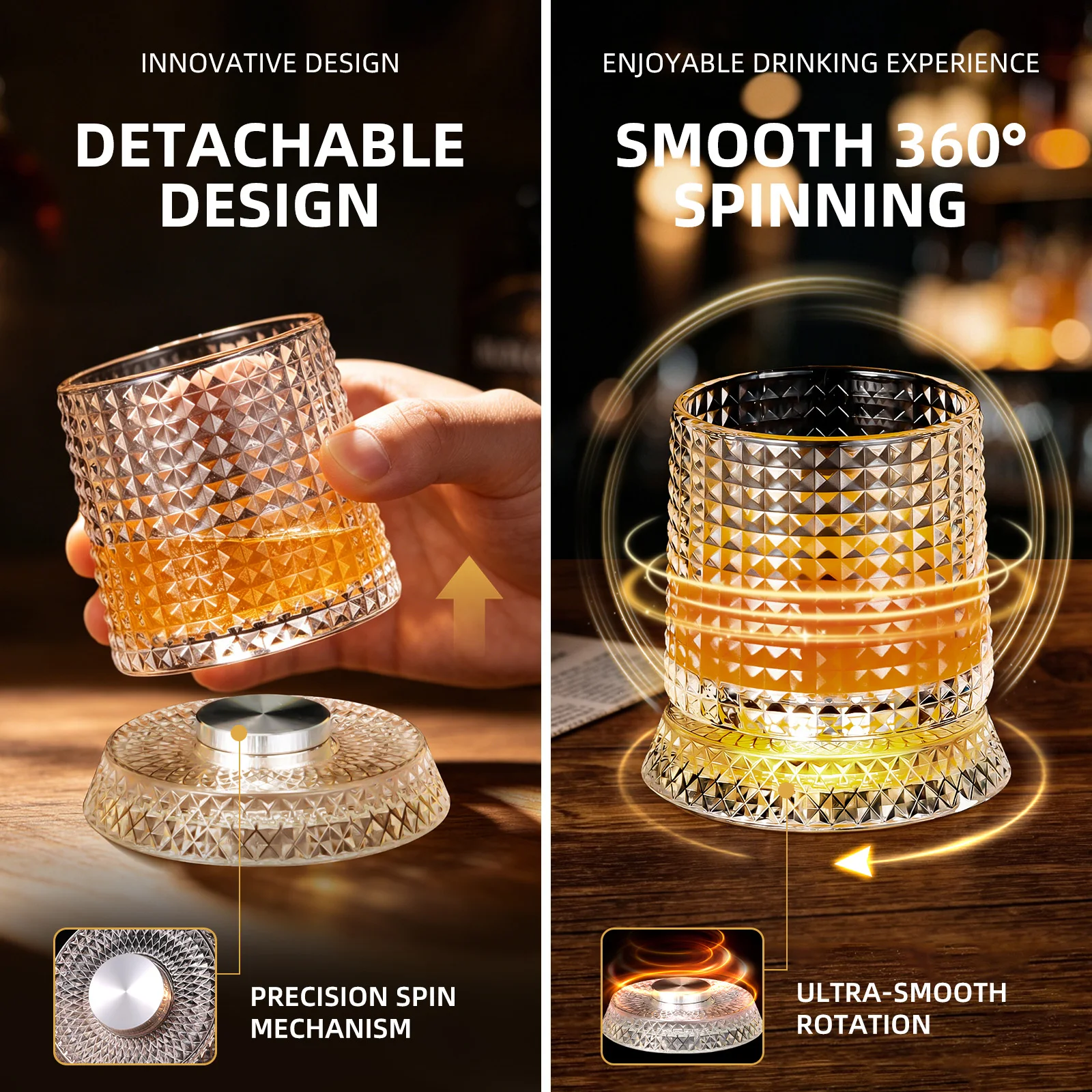 Spinning Whiskey Glasses Set of 2 with 8 LED Light,2 Ice Mold,9.5oz 9.5oz,8 LED Lights & 2 Iceball Molds,Rotating Old Fashioned Glass for Bourbon Scotch Cocktails,Gifts for Men (grid pattern)