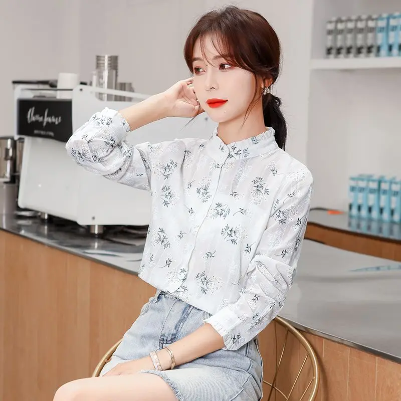 Elegant Ruffled Neck Spliced Button Floral Shirts Women\'s Clothing 2023 Autumn Winter Loose Casual Tops Butterfly Sleeve Blouses