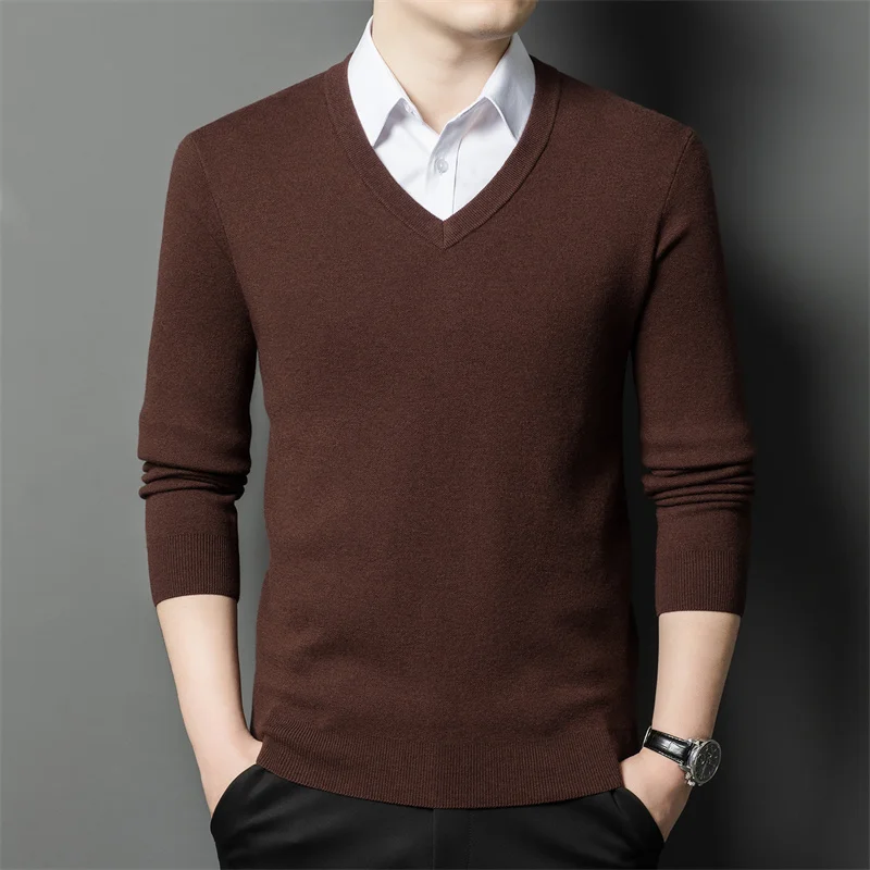 

Exquisite V-Neck Men Sweater Wool 100% Knitwear Smooth Pullovers Winter Quality Warm Fleece Comfortable Casual Sueters De Hombre