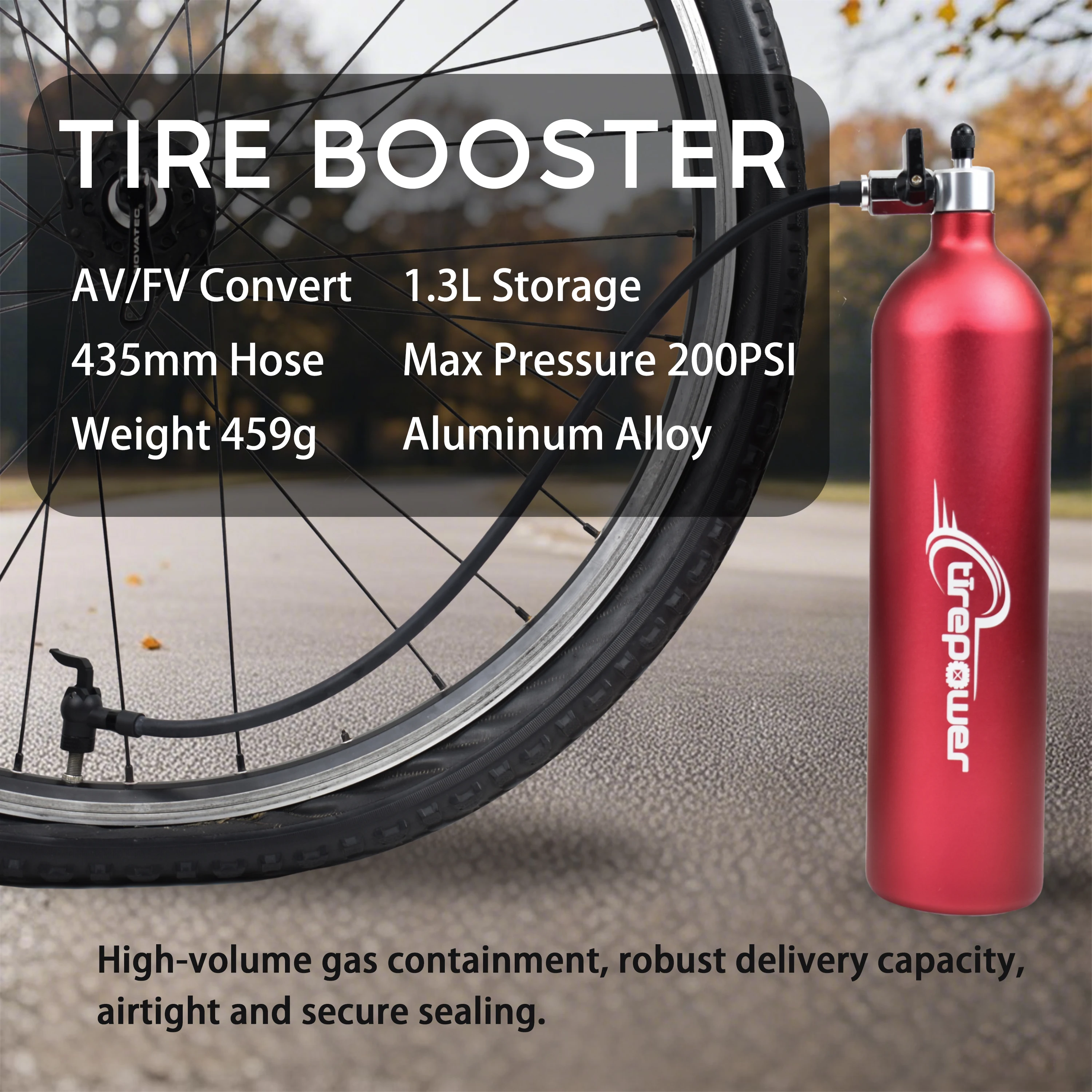 Aluminum Alloy Red Tubeless Pump Tire Inflator Tyre Air Booster Bottle With Valve Gas Cylinder 1.3L Fit For MTB Road Bike
