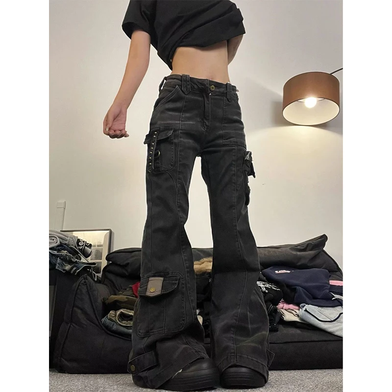 Y2k Women's Baggy Flare Jeans Harajuku Japanese 2000s Style Patchwork Denim Trouser Vintage Oversize Cargo Jeans Pants Clothes