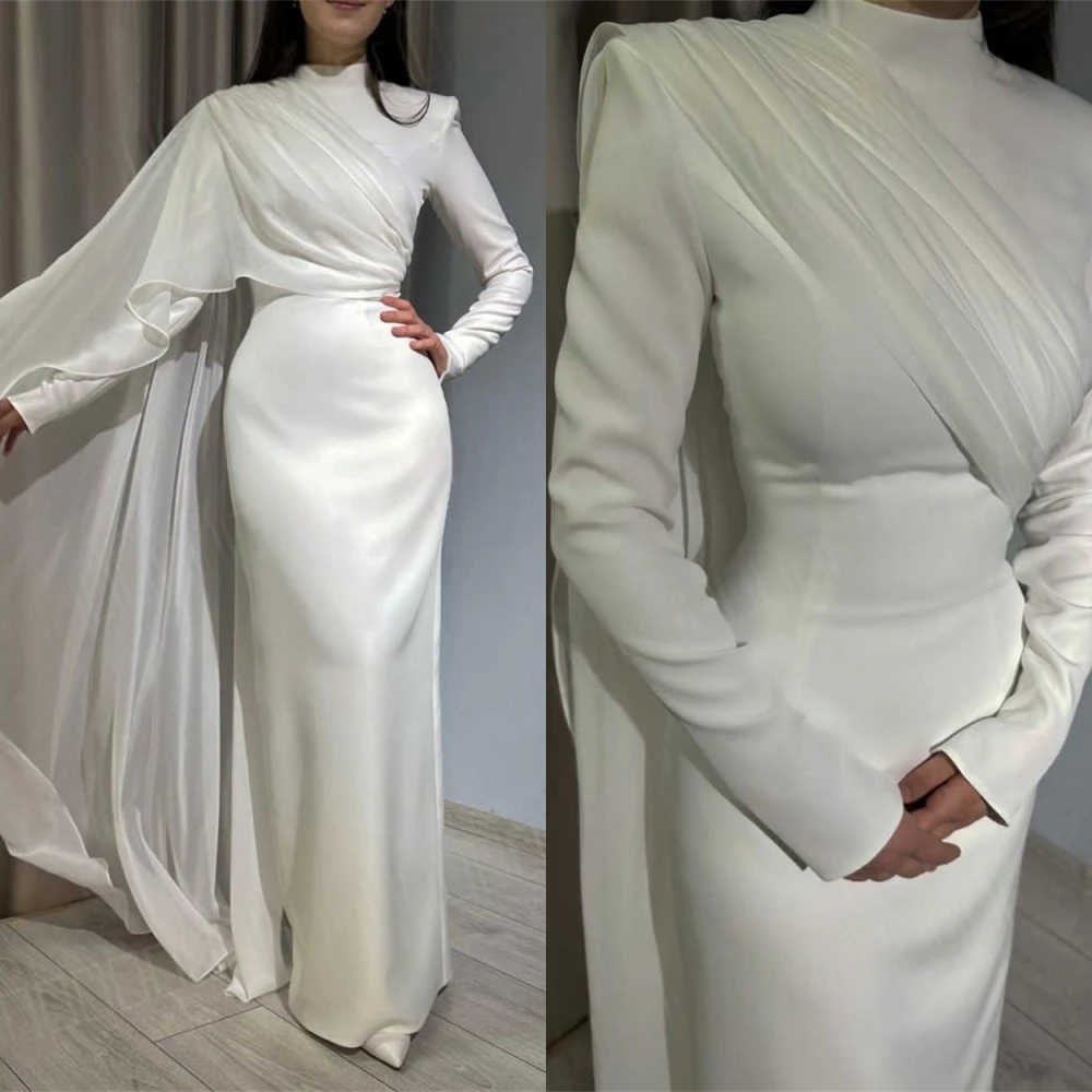 

Customized Formal pure White Satin Evening Dress Classic Crew Neck Long Sleeves Celebrity Gowns Delicate Special Occasion Gowns