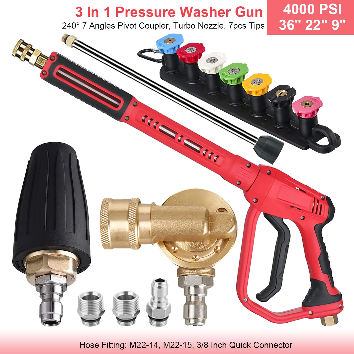 36 "In 4000 PSI Hogedrukreiniger Pistool Verlengstuk Nozzles Schuimlans 3 in 1 M22 14 15 mm 3/8 In Snelkoppeling Autoreiniger Kit