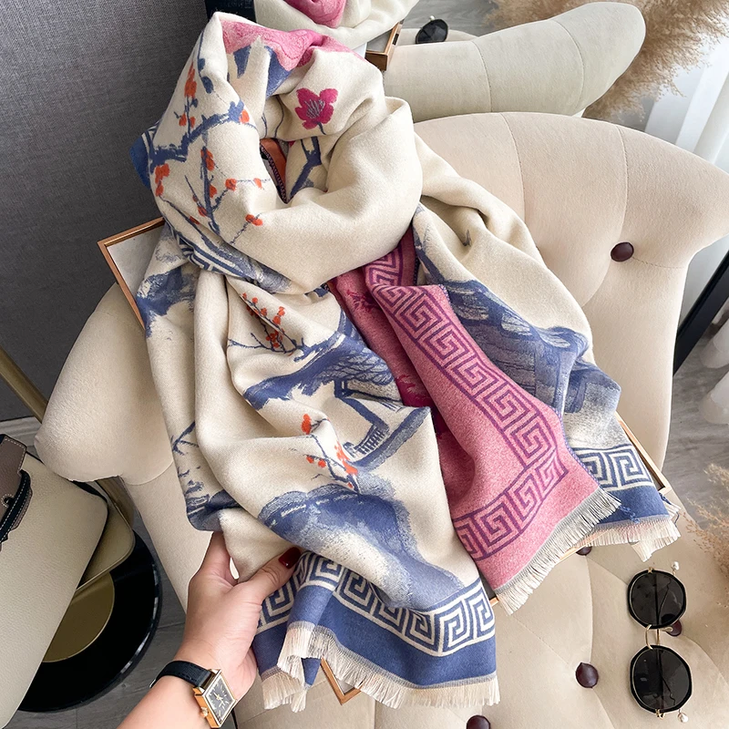 New 2025 Women Brand Ink wash painting Scarf Luxury Autumn Winter Warm Shawls Print Scarve Pashmina Mujer Femme Foulard Bufanda