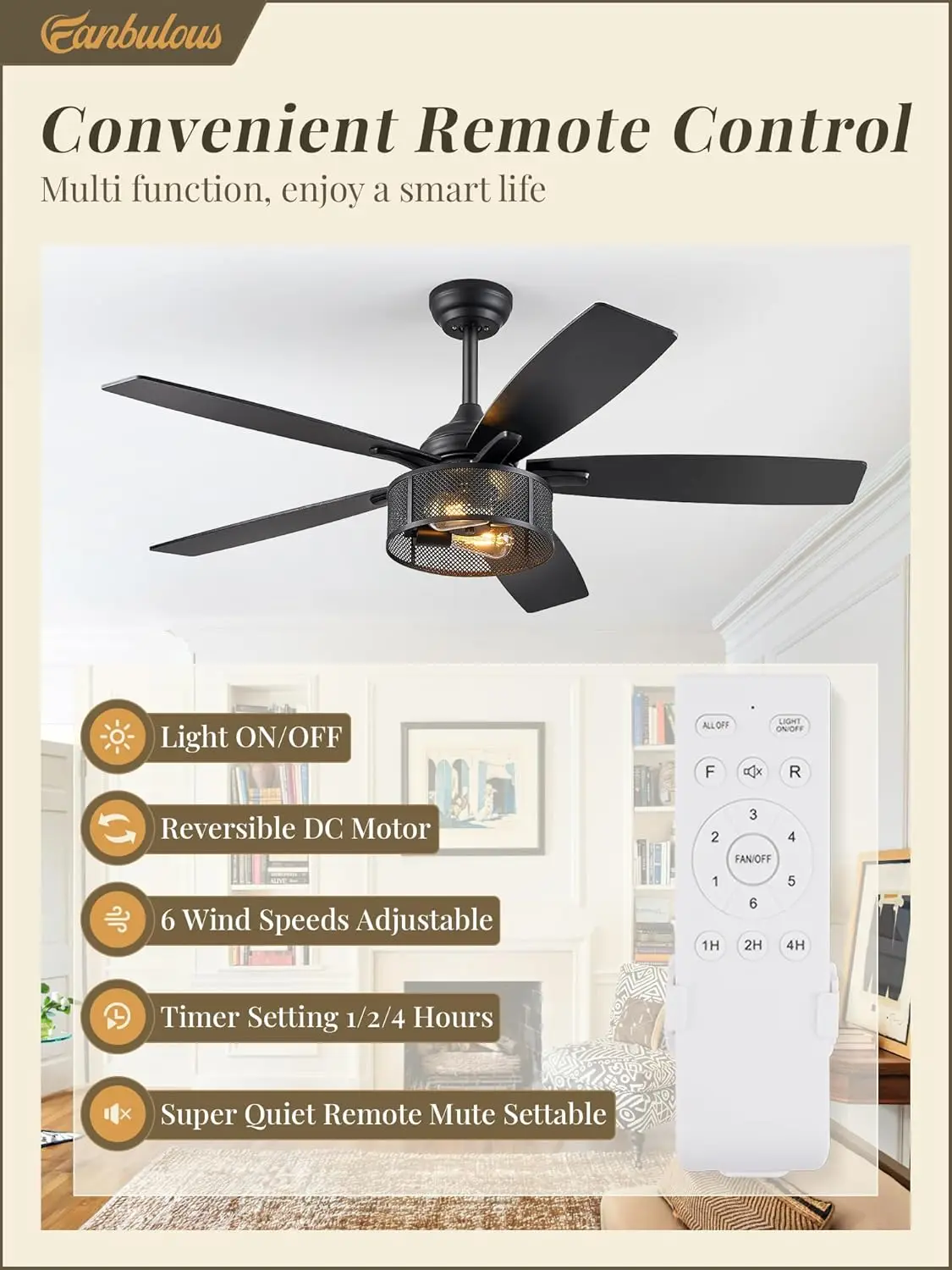 Ceiling Fans with Lights and Remote, 52 Inch Black Industrial Caged Ceiling Fans for Bedroom Living Room Kitchen, 6 Sp