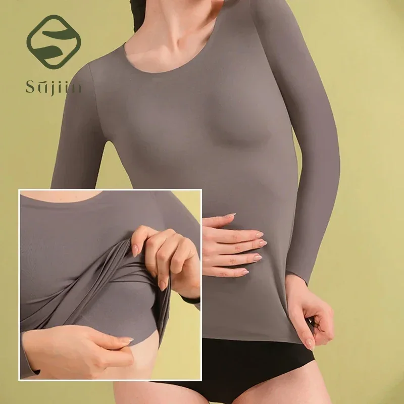 SUJIIN Women\'s Thermal Underwear Shirt with Bra Women Winter Warm Female Thermal Clothing Base Layer Soft Long Sleeve Tops WC008