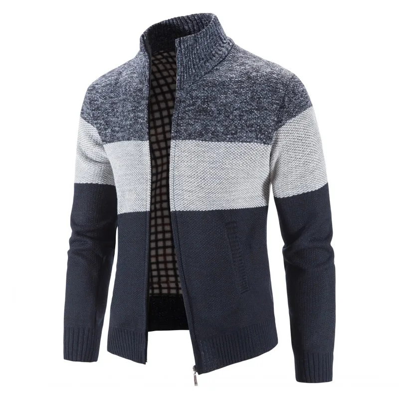 Autumn Winter Thick Mens Cardigan Fashion Stand Collar Knitted Sweater Coat Men Fashion Patchwork Zipper Cardigan Jacket Man