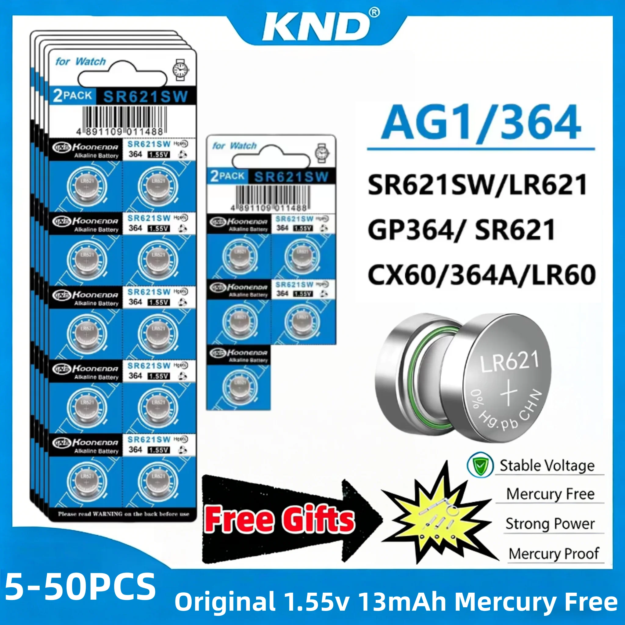 

5-50PCS AG1 364 1.55V Button Cell Battery High Capacity For Alarm Device Key Fob Small Electronic Toys SR621SW CX60 V364