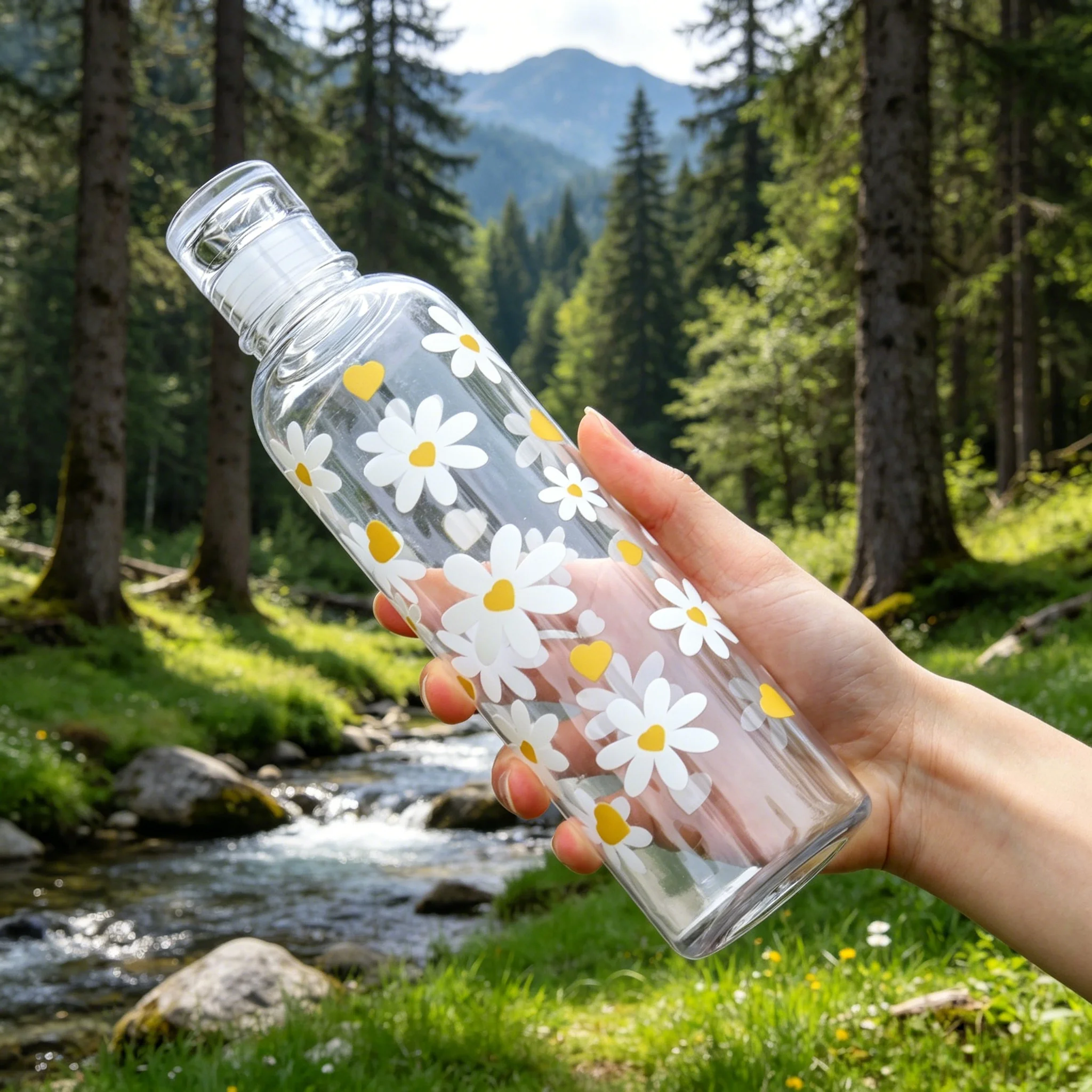 500ML Clear Straight Sip Water Bottle with Bow, Heart & Daisy Prints, Minimalist Large Capacity Leakproof Reusable Cup for Ice D