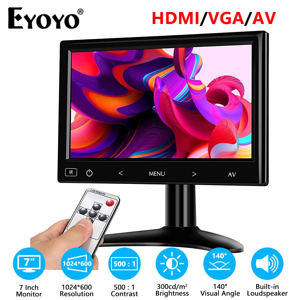 Imagem -01 - Mini Tela Lcd Tft Portátil Tela com Hdmi av Vga Câmera de Segurança Cctv Dvd Dvr 1024x600 Pol pc Eyoyo-em07k mini tela lcd tft portatil tela com hdmi av vga camera de seguranca cctv dvd dvr 1024x600 pol pc eyoyo em07k 01