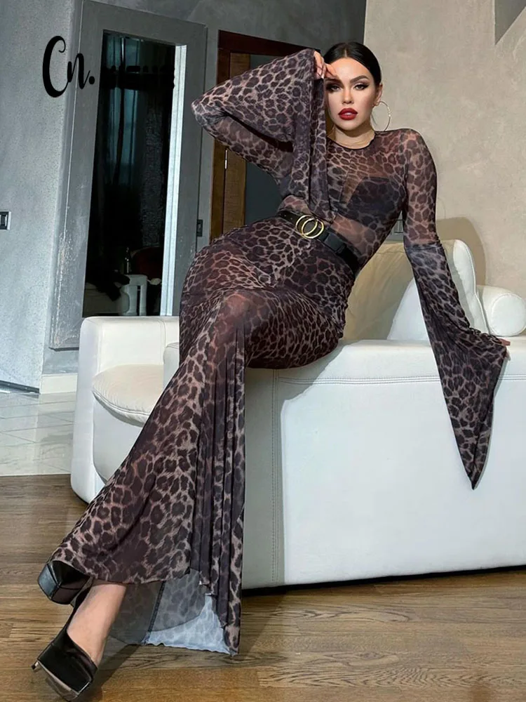 

CNYISHE Leopard Fashion Bodycon Sheath Women Dresses O Neck Long Flare Sleeve Outfits Sheer Sexy Club Female Slim Vestidos Robes