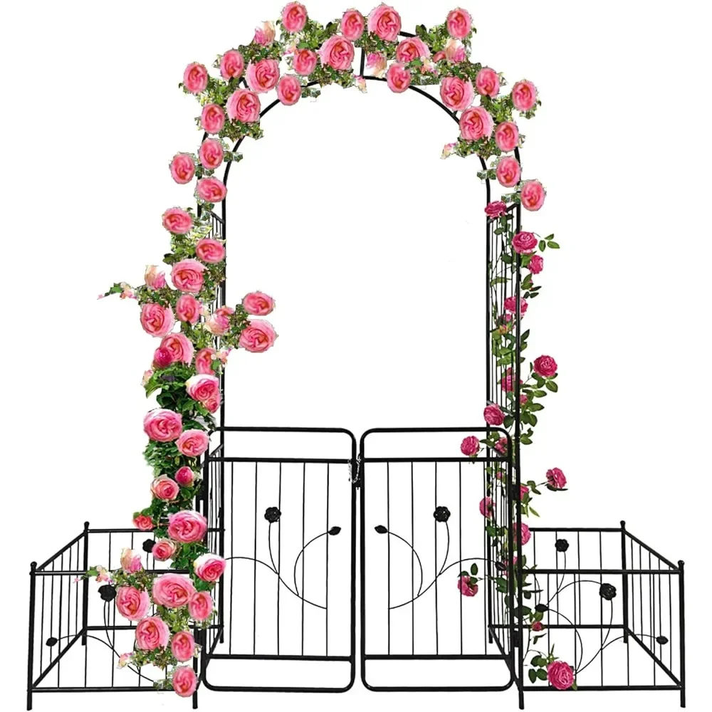 Metal Garden Arbor Arch with Gate and Plant Box, Garden Trellis Wedding Arch Party Decoration for Outdoor Lawn Climbing Plants