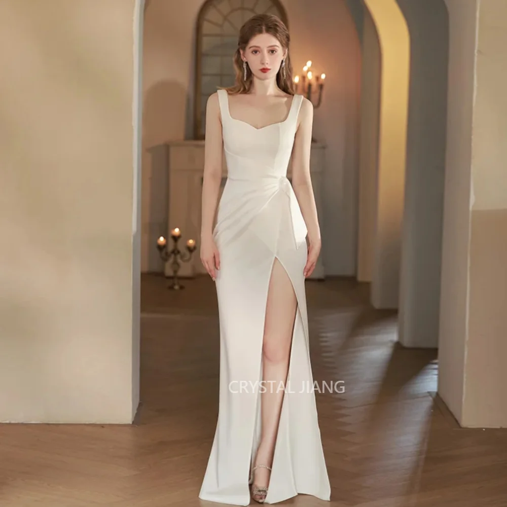 

Simple Long Square Collar Spandex Wedding Dresses فستان حفلات الزفاف Sleeveless with Slit Mermaid Floor Length Bridal Gowns