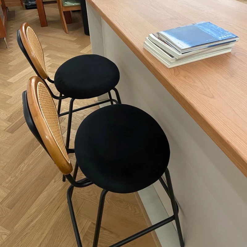 Rattan Weaving Backrest Bar Stools Minimalist Counter Height Chairs for Kitchen Modern Designer Bar Chair Vintage Reception Seat