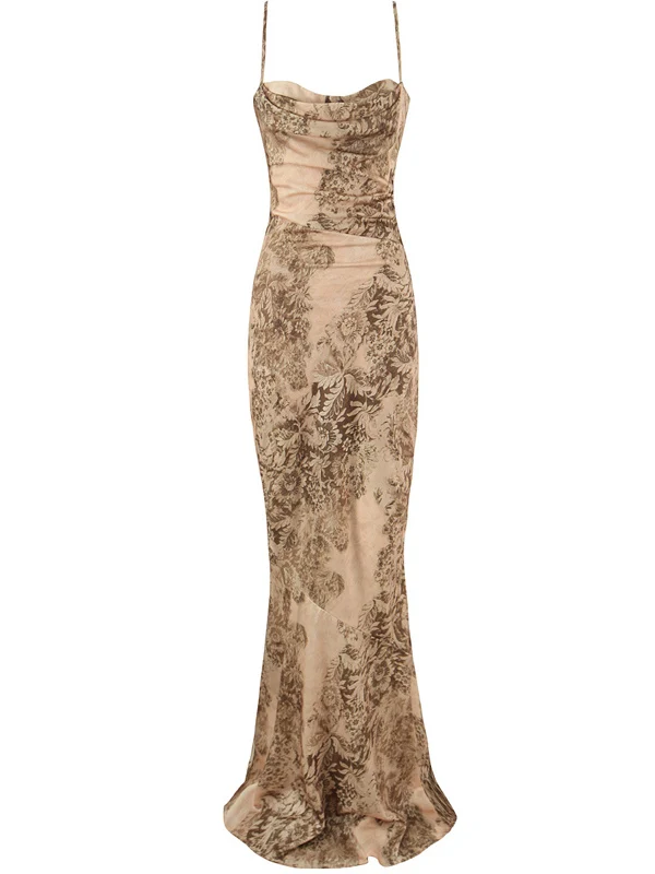 Vestido Sexy de satén con estampado dorado para mujer, falda larga adelgazante de noche con cola Dr Fi, ropa Formal Sle No Sve