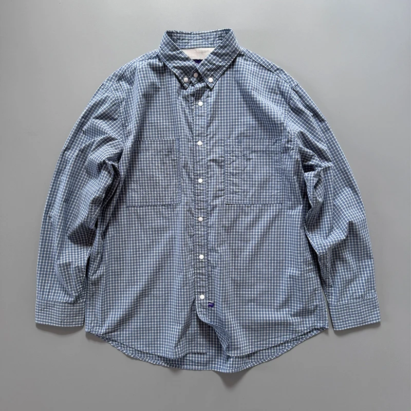 

Spring/Summer Thin Oversize Cityboy Checkered Shirt Men's Japanese Loose Fit Round Hem Blue and White Striped Shirt 100% Cotton