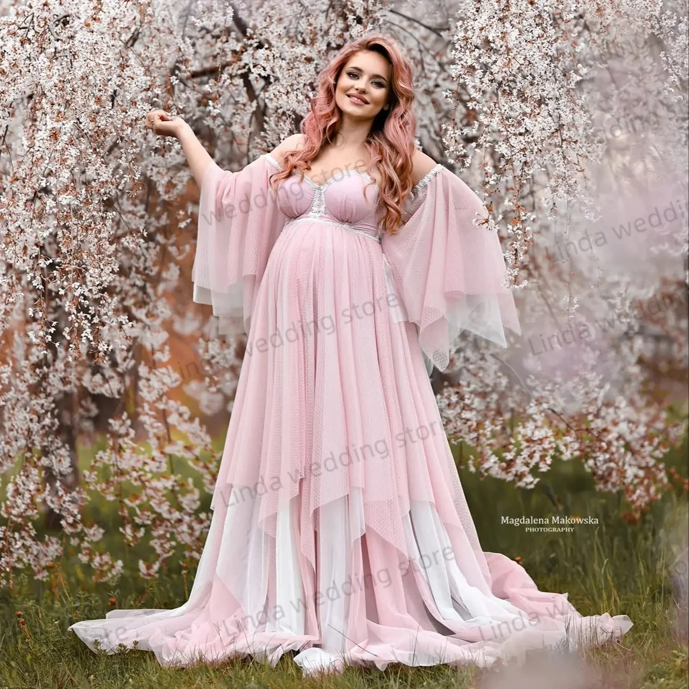 Vintage Chiffon Maternity Dress Women Robes for Photoshoot Bell Sleeve Pregnancy Dressing Bohemian Bridal Babyshower Gowns