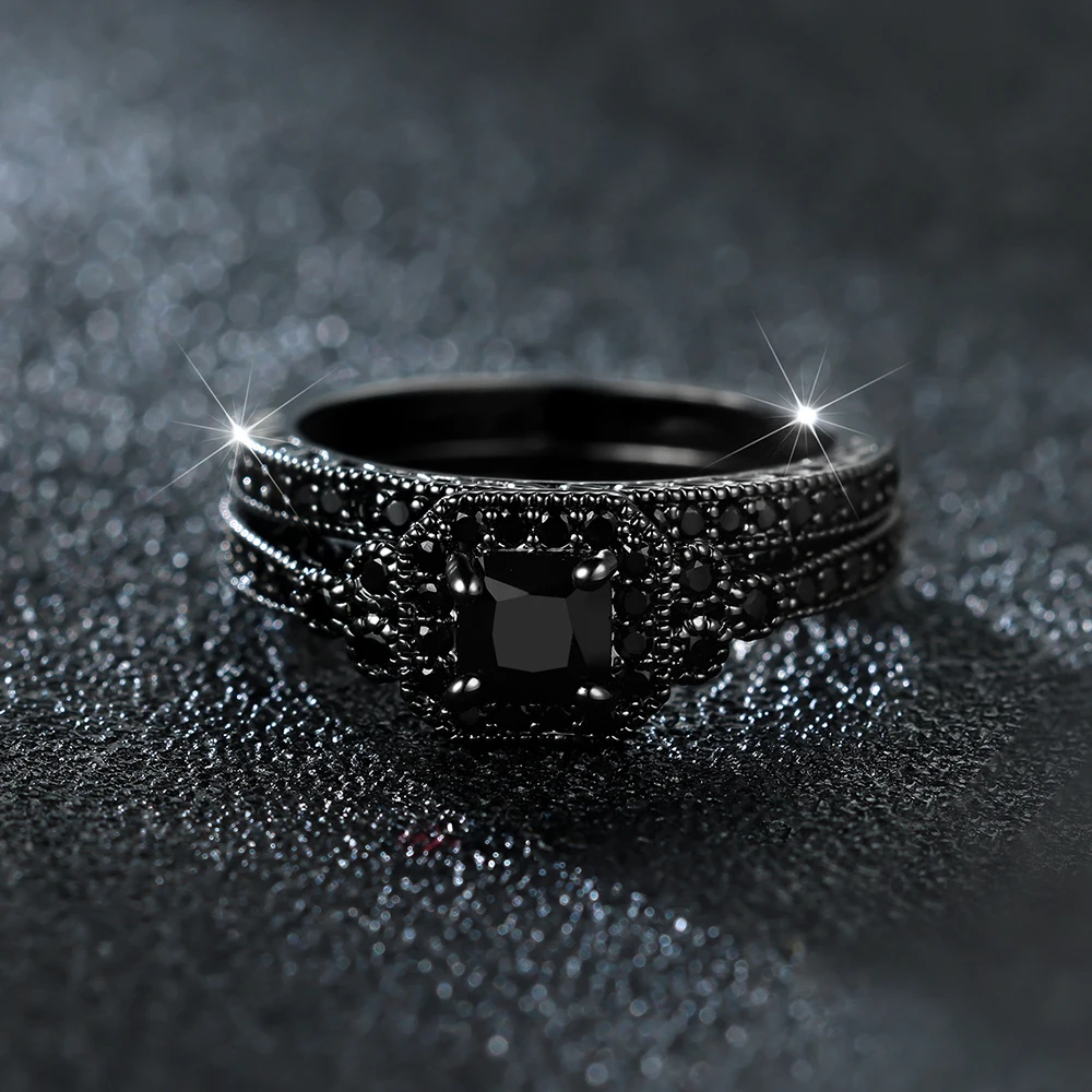 Vintage Square Black Stone Ring Set Female Gold Color Zircon Wedding Party Rings For Women Stacking Couple Finger Jewelry