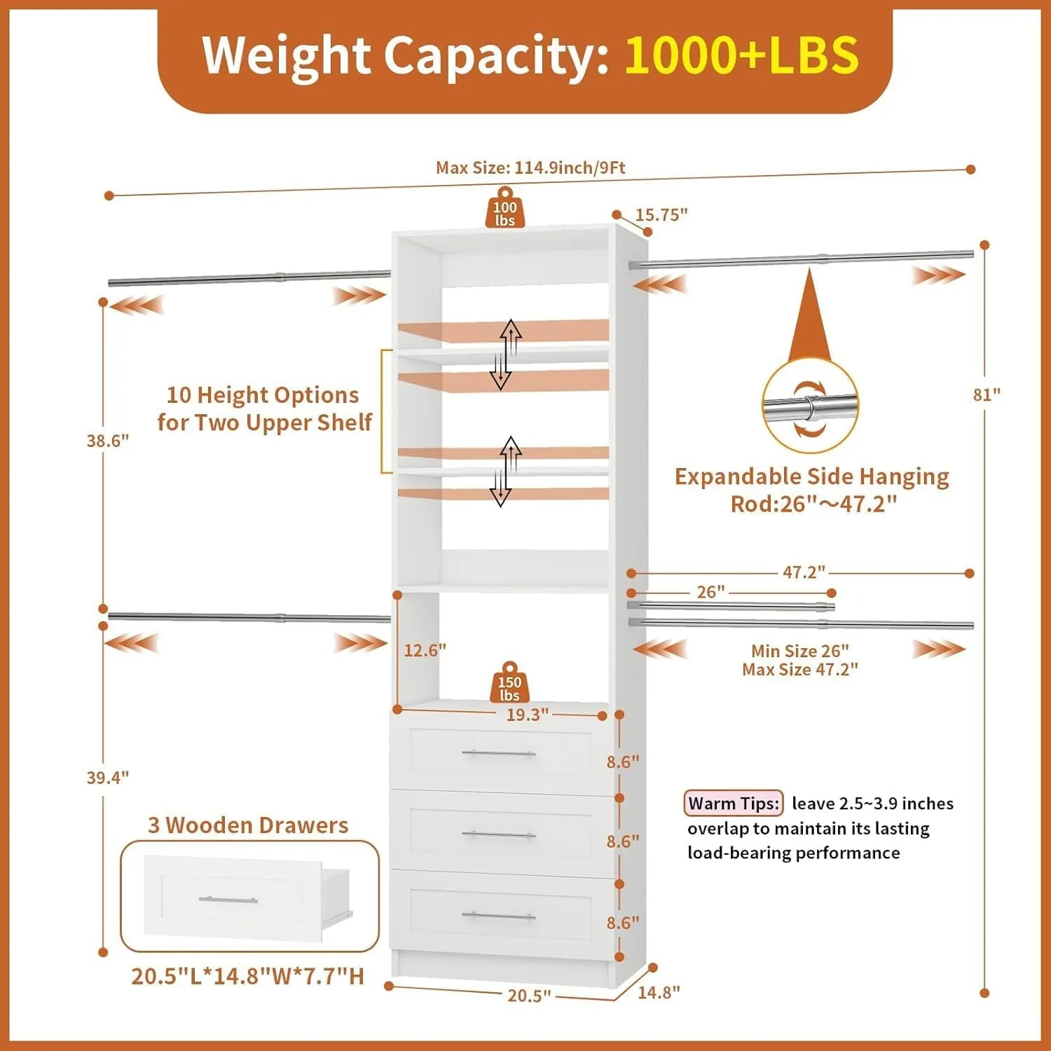 Closet System with Drawers, 5-9FT Closet Organizer System with 4 Expandable Rods & Adjustable Shelves for Walk in Closet, 96” Built in Closet System Tower, Small Closet Storage System, White