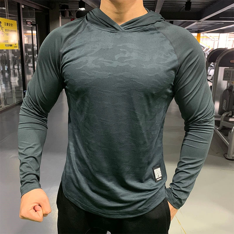 

Men's Sports Hoodies Camouflage Long Sleeve Shirts with Hood Running Gym Sweatshirts Qucik Drying Tops Fitness Training Clothing