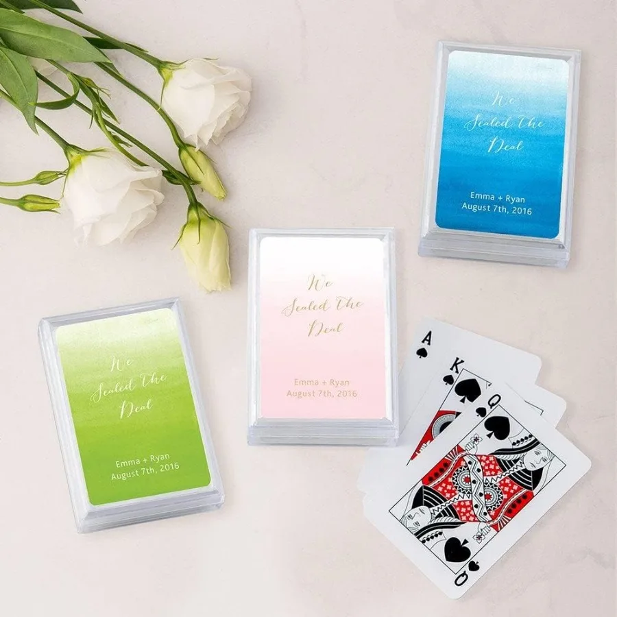 Lembrancinhas de casamento de cartas de jogo personalizadas exclusivas para ocasiões especiais Pacote de design aquoso de 20 com toque personalizado e P elegante