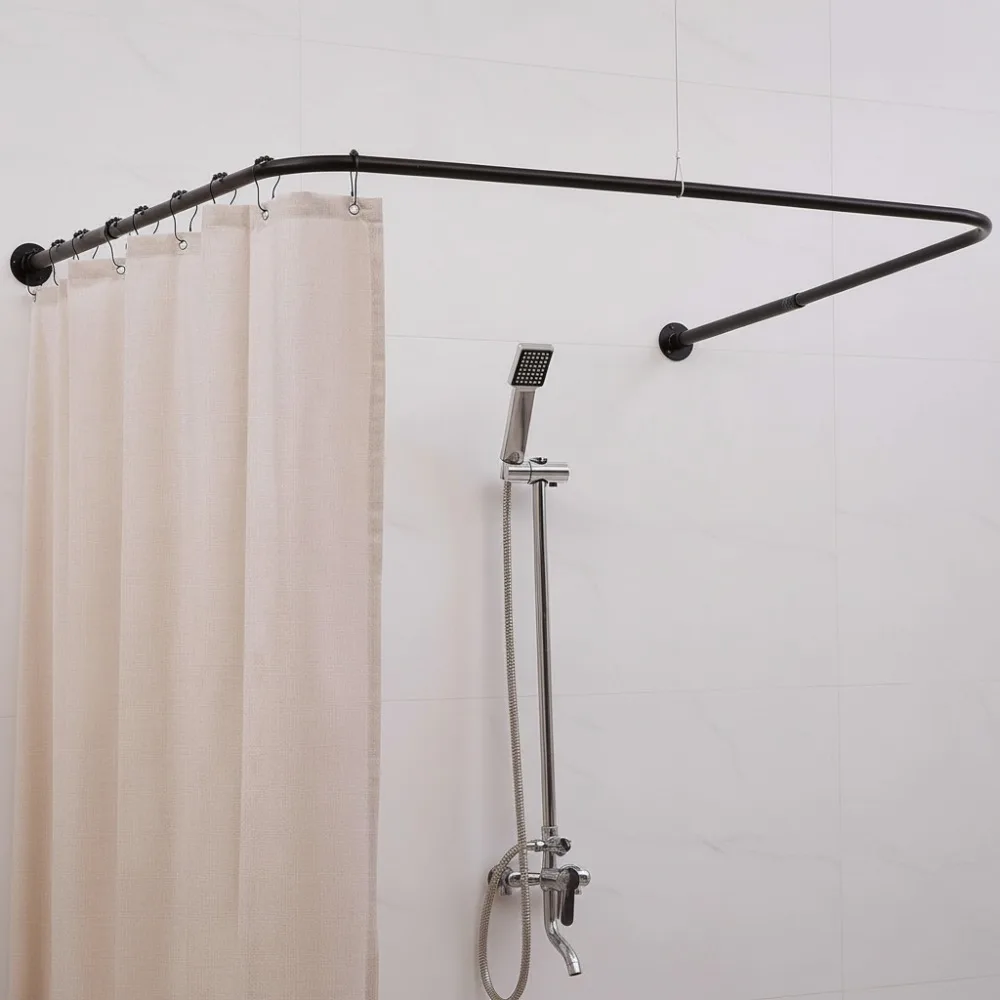 

Adjustable U-Shaped Shower Curtain Rod No-Sag Heavy Duty Steel with 12 Hooks & Ceiling Support for Bathroom