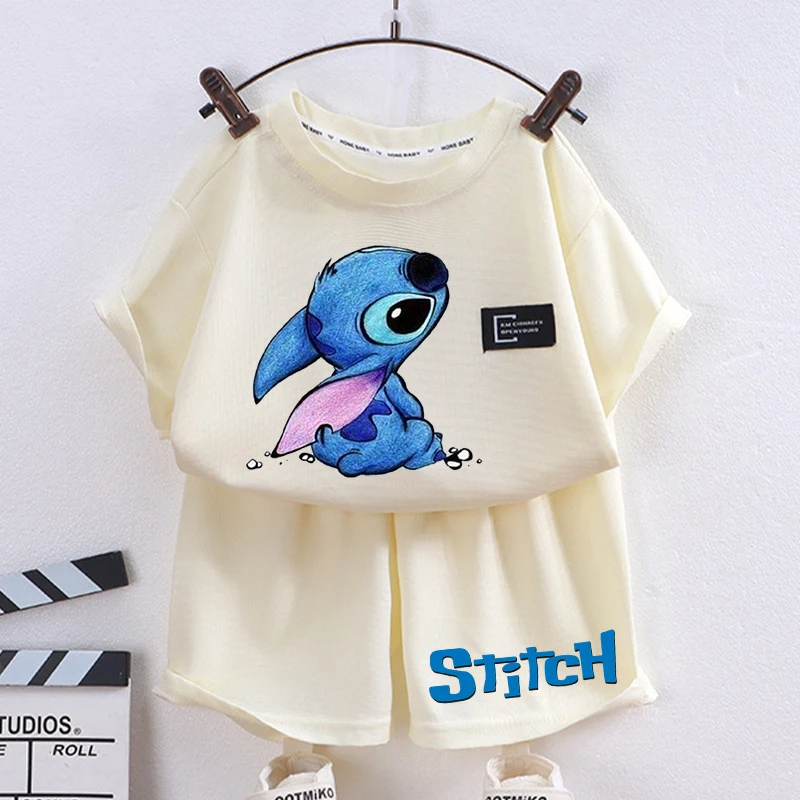 New Cute Lilo Stitch Children T-Shirt Shorts Set Boys Girls Disney Cartoon Printed Short Sleeves Tops Summer 2024 Kids Clothes