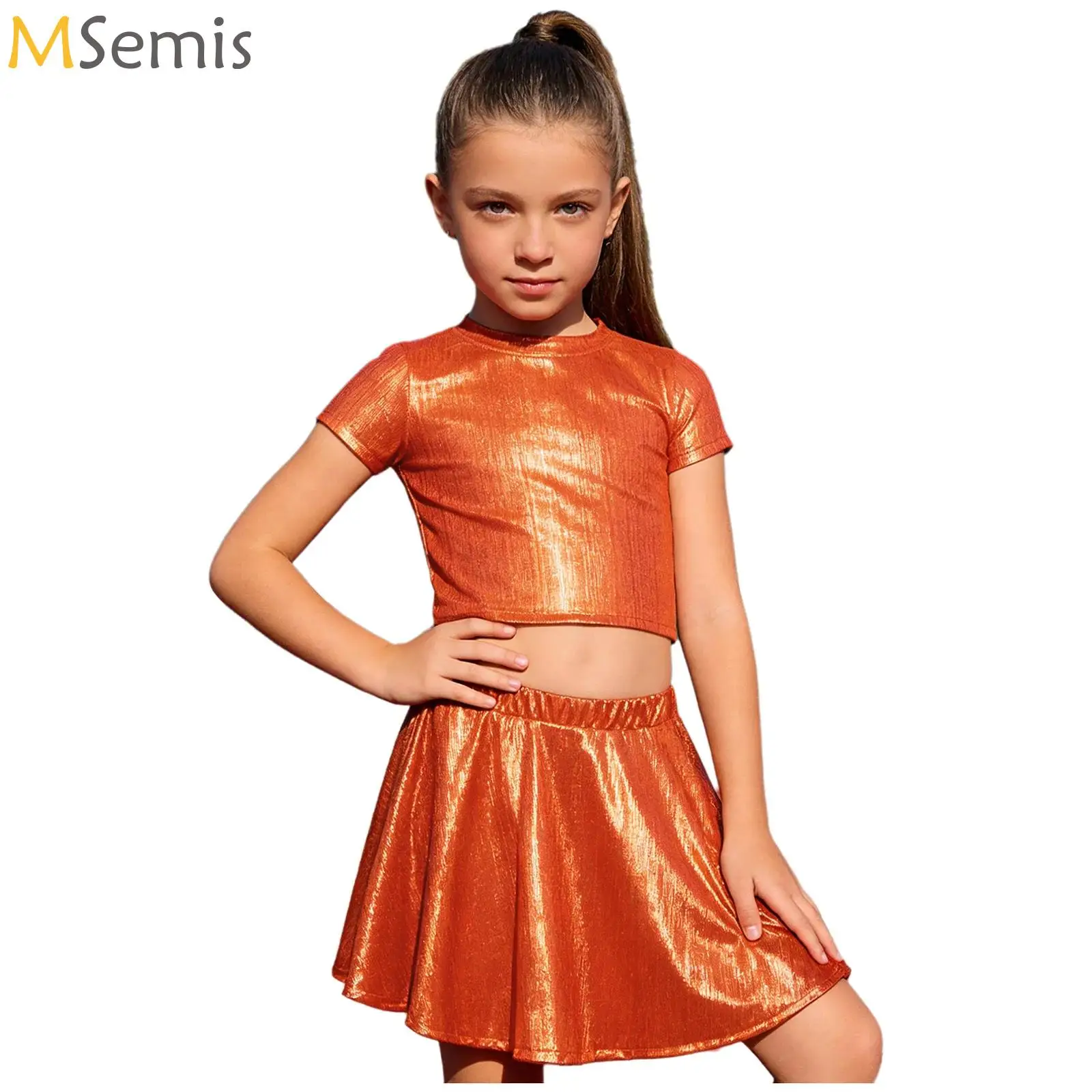 

Girls Jazz Latin Dance Costume Sparkly Metallic Crop Top Skirt Outfits Set Modern Ballet Figure Skating Stage Performance Suit