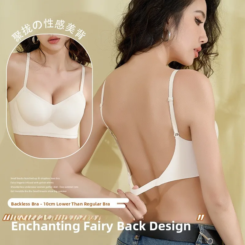 

Pure Desire Strap Backless Bra Set Gathered Fixed Cup Large Chest Illusory Small Backless Design Underwear for Women
