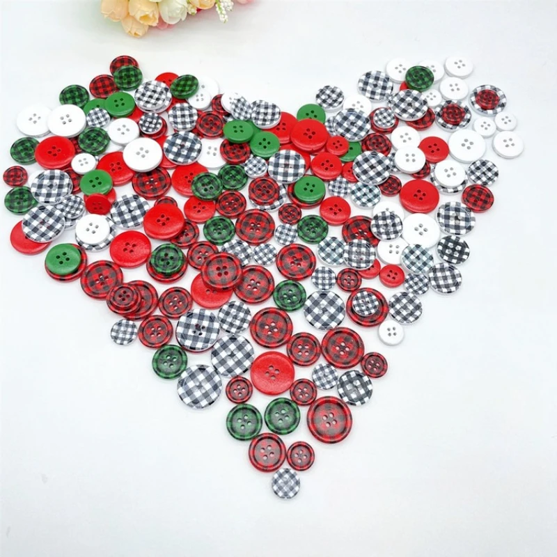 50pcs 15mm Check Pattern Wooden Buttons 4-hole Round Buttons Christmas Doll Accessories Handicrafts Buttons