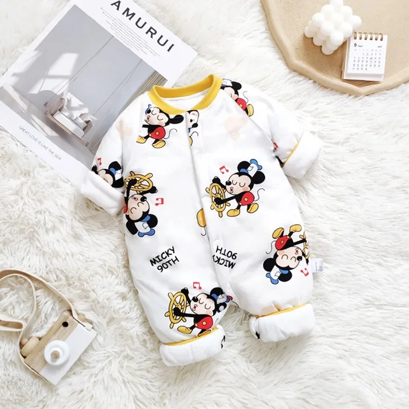 Autumn Winter Newborn Baby Boy Romper Cartoon Mickey Mouse Donald Print Kid Girl Cotton Warm Clothes Infant Long Sleeve Jumpsuit